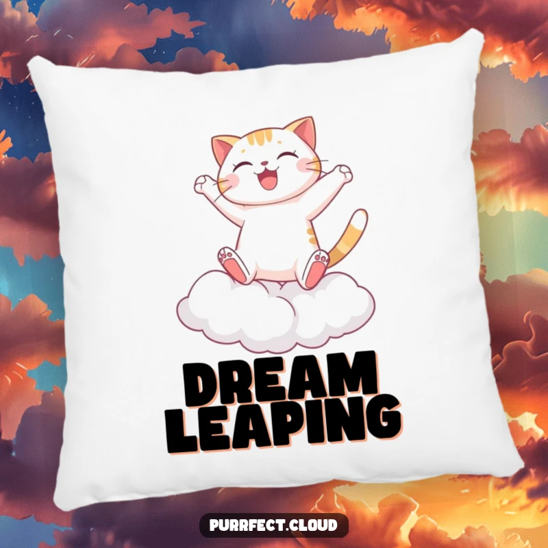 Funny Cat Pillow, a happy cat leaping between clouds, offering plush comfort and a dose of playful, adventurous charm.