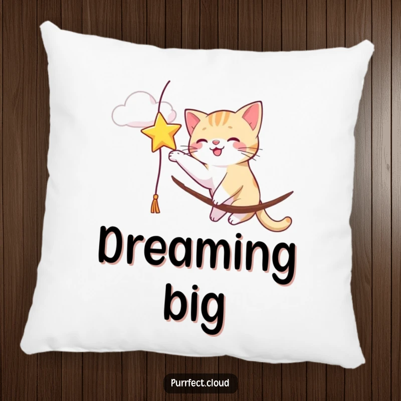 Funny cat playfully batting at a celestial star dangling from a cloud, adding charm to this comfort pillow.