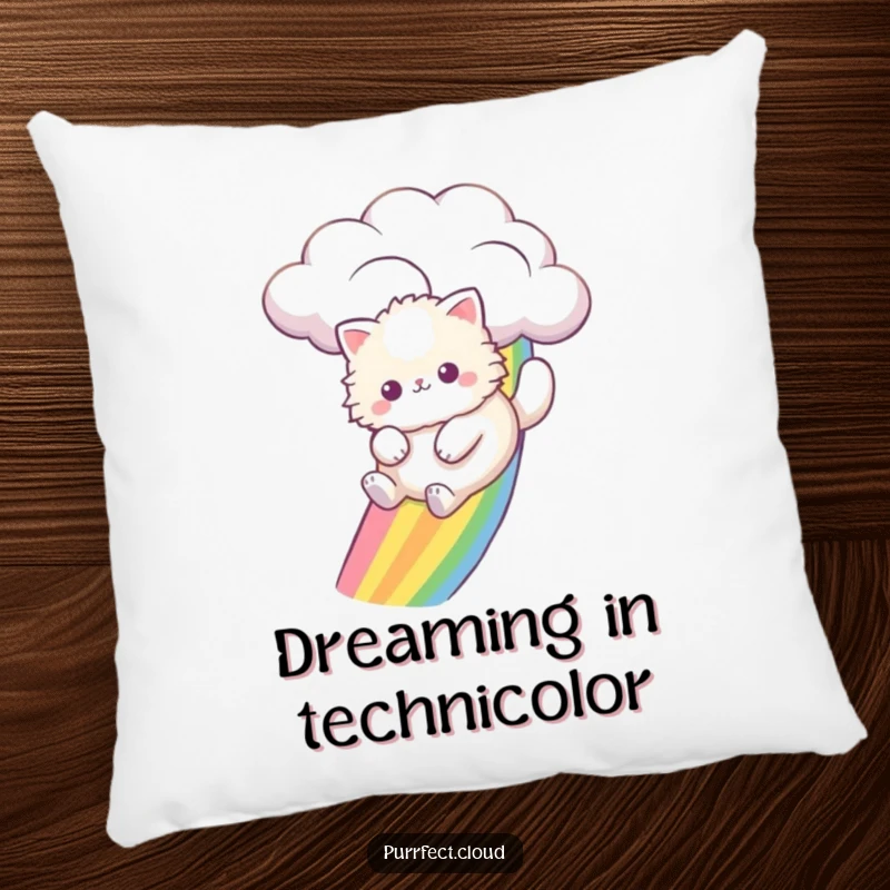 Funny fluffy cat gliding down a bright rainbow from a cloud sits on this soft and comfy decorative pillow.
