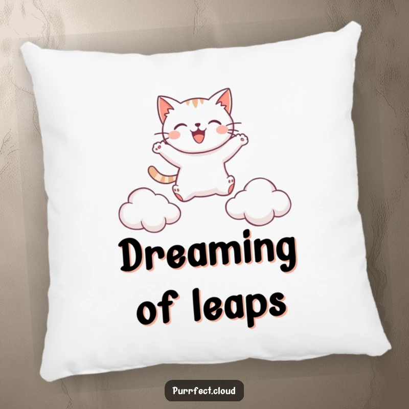 Funny accent pillow featuring a happy cat leaping between clouds, adding a touch of playful comfort and humor.