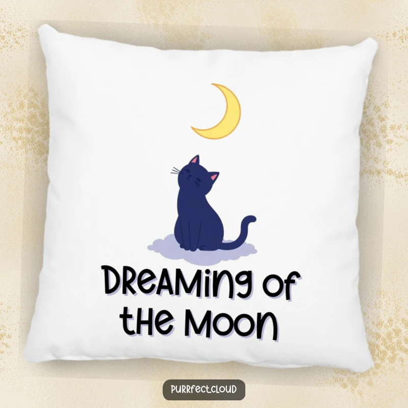 Funny cat silhouette pillow featuring a cat on a cloud looking up at a crescent moon, perfect for adding magical and soft decor.