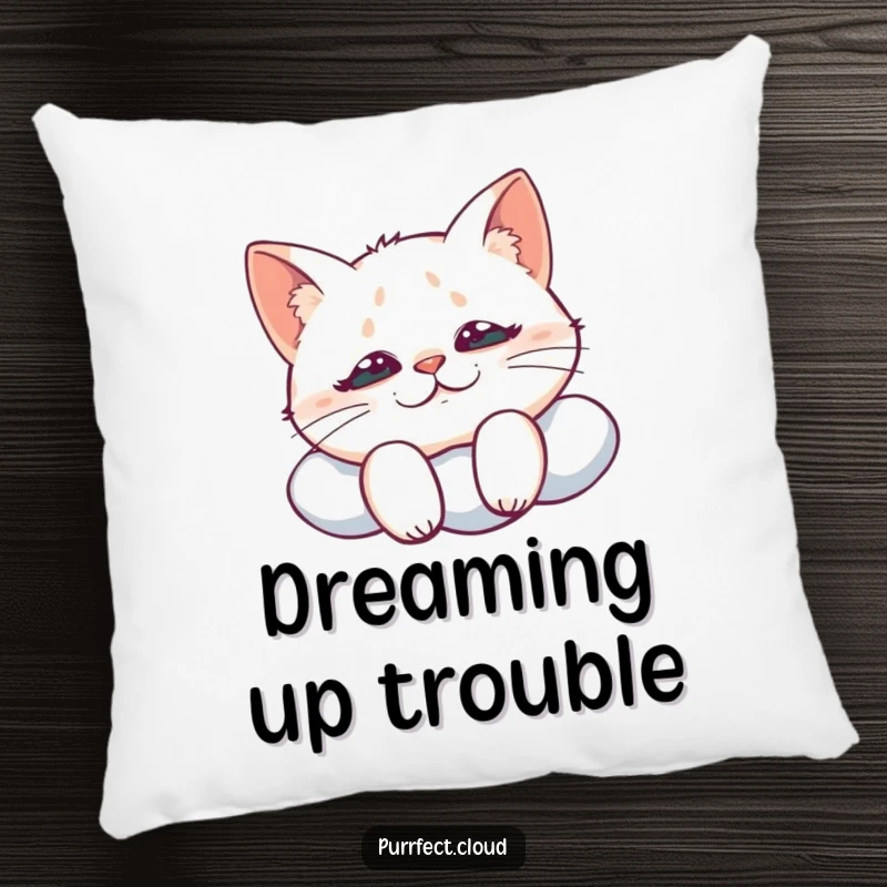 Funny pillow featuring a cat with a mischievous grin looking down from a cloud, offering cozy comfort and playful, sly charm.