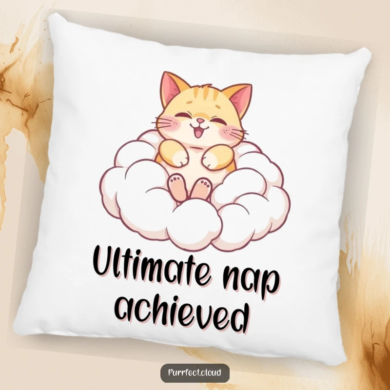 Funny pillow featuring a happy cat blissfully rolling in soft, fluffy clouds, offering cozy comfort and whimsical feline joy.