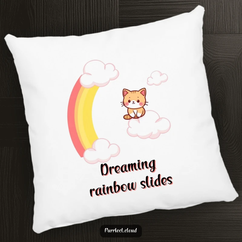 Funny cat pillow, a soft cushion depicting a cat sliding down a rainbow, perfect for comfort and whimsical decor.