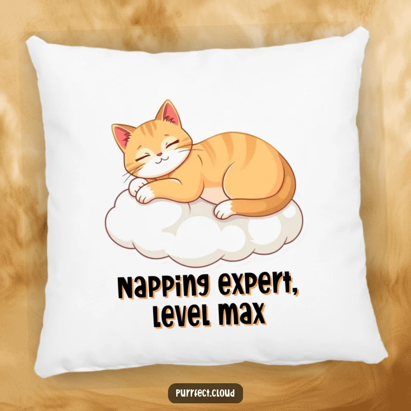 Funny pillow with a supremely relaxed cat stretching gracefully on a soft cloud, offering comfort and whimsical charm.