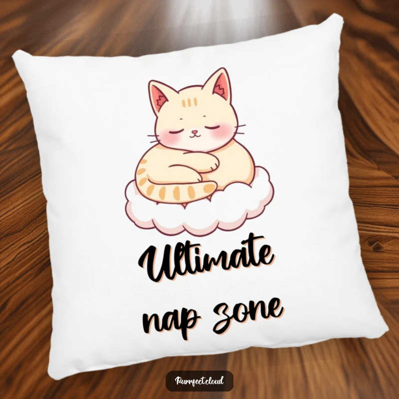 Funny accent pillow featuring a content cat curled up on a cloud, purring, adding peaceful humor and cozy comfort.
