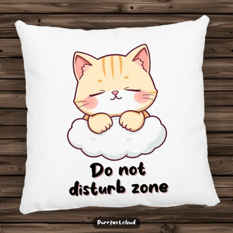 Funny pillow featuring a purring cat with closed eyes resting on a cloud, offering cozy comfort and decorative charm.