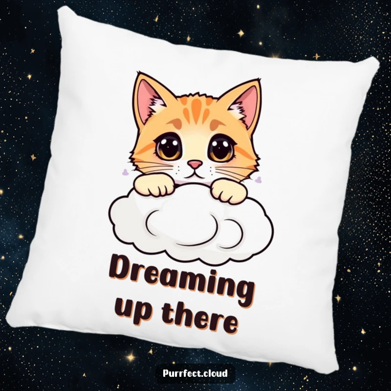 Funny cat pillow with a curious expression, head peeking over a cloud, soft and decorative, perfect for sofas.