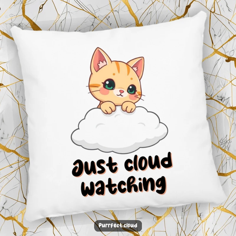 Funny curious cat peeking over a soft cloud, plush pillow, perfect funny gift for cat lovers.