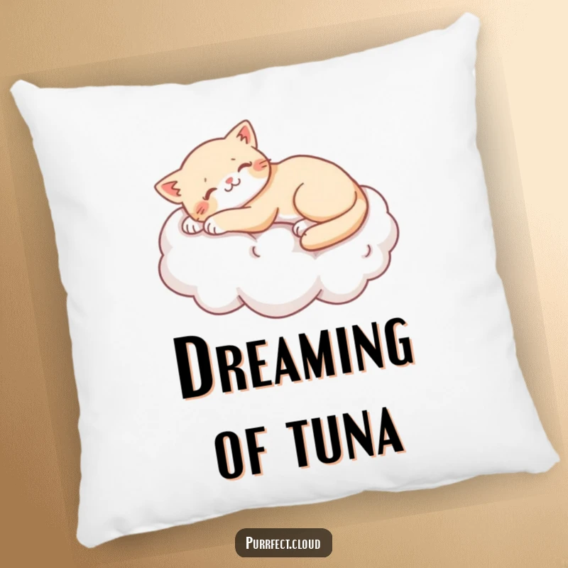 Funny cat stretching lazily on a soft cotton cloud, depicted on a plush pillow, perfect for cat lovers.