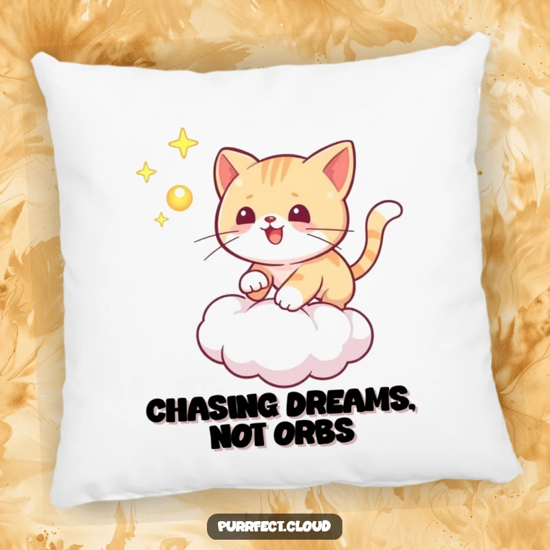 Funny cat pillow featuring a playful cat chasing a glowing orb on a cloud, providing comfort and mystical charm.