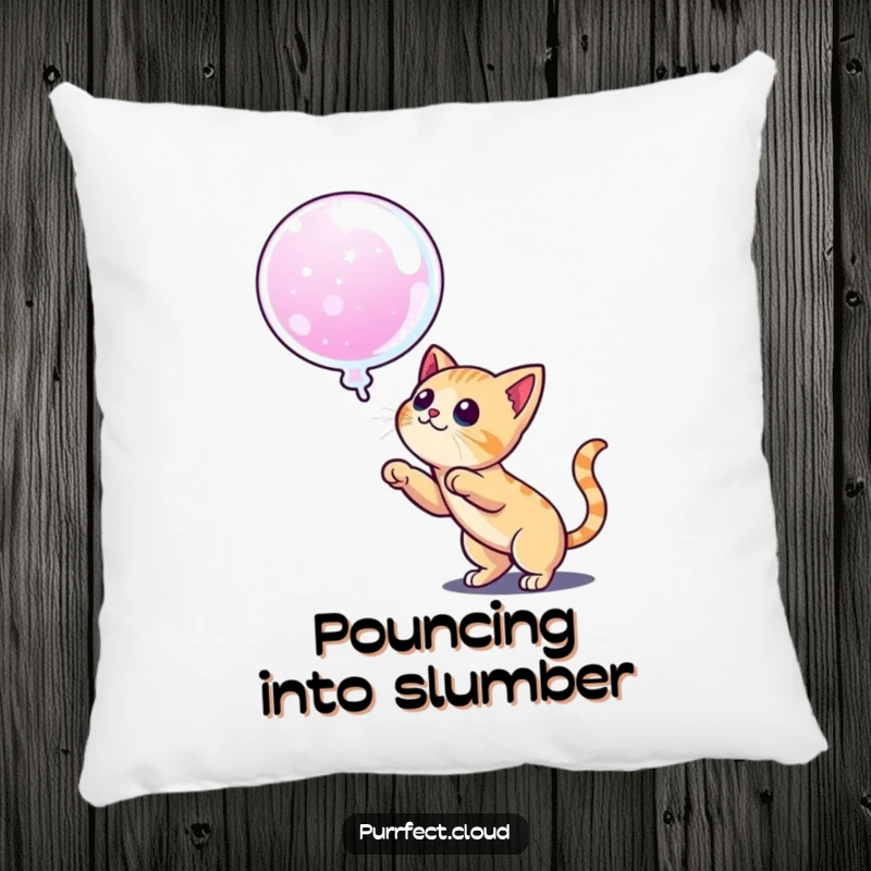 Funny pillow featuring a cat ready to pounce on a dream bubble, offering playful comfort and a touch of ambitious spirit.