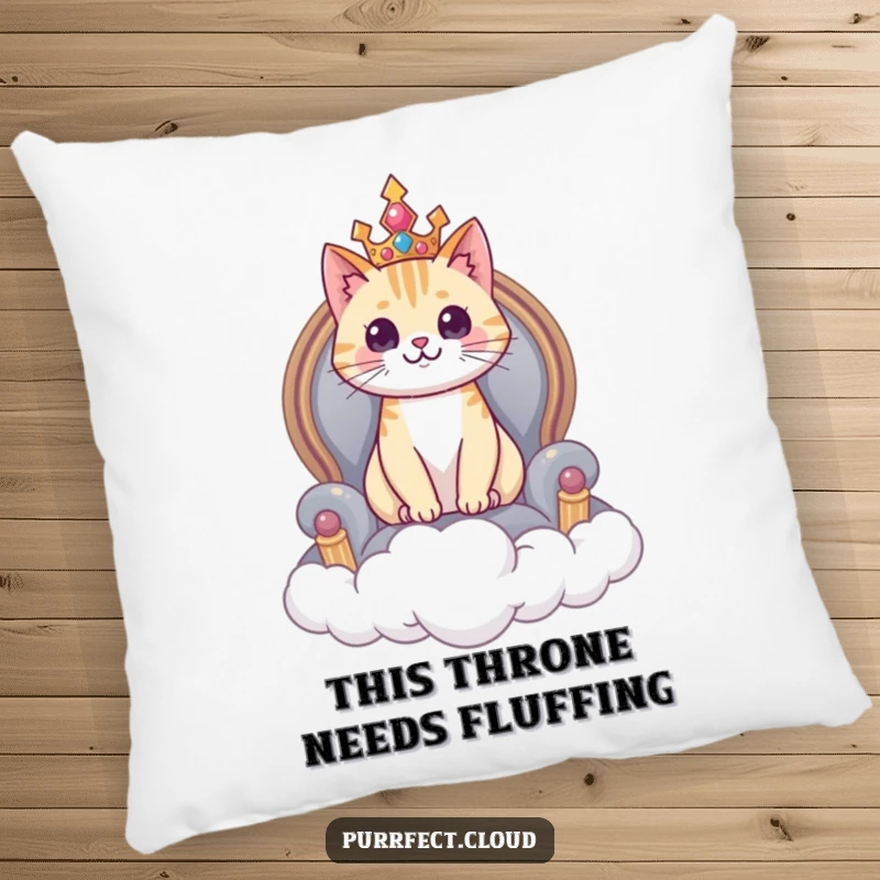 Funny cat pillow, a cat sits majestically on a cloud throne, soft and decorative cushion.