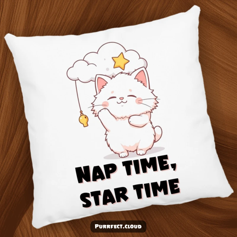 Funny fluffy cat character batting at a dangling star from a cloud, this decorative pillow offers cozy and whimsical charm.