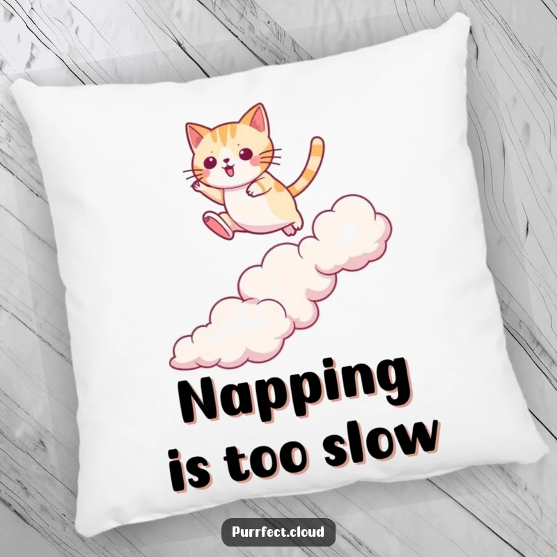 Funny cat pillow featuring a cat jumping between clouds with agility, comfort with a dynamic flair, an ideal funny gift.