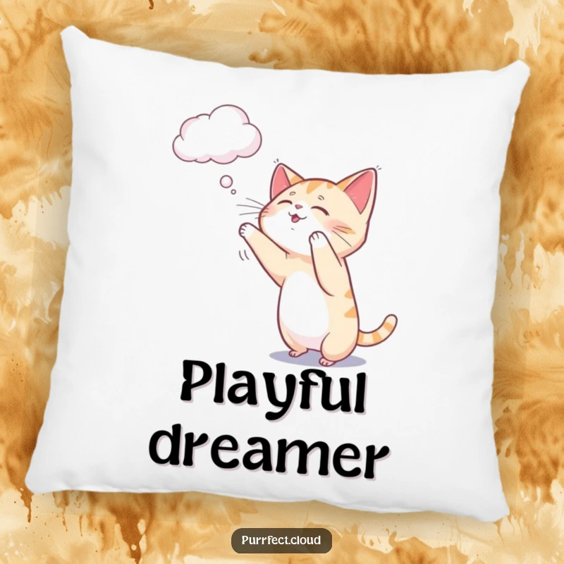 Funny cat pillow depicting a playful cat gently batting at a delicate, wispy cloud.