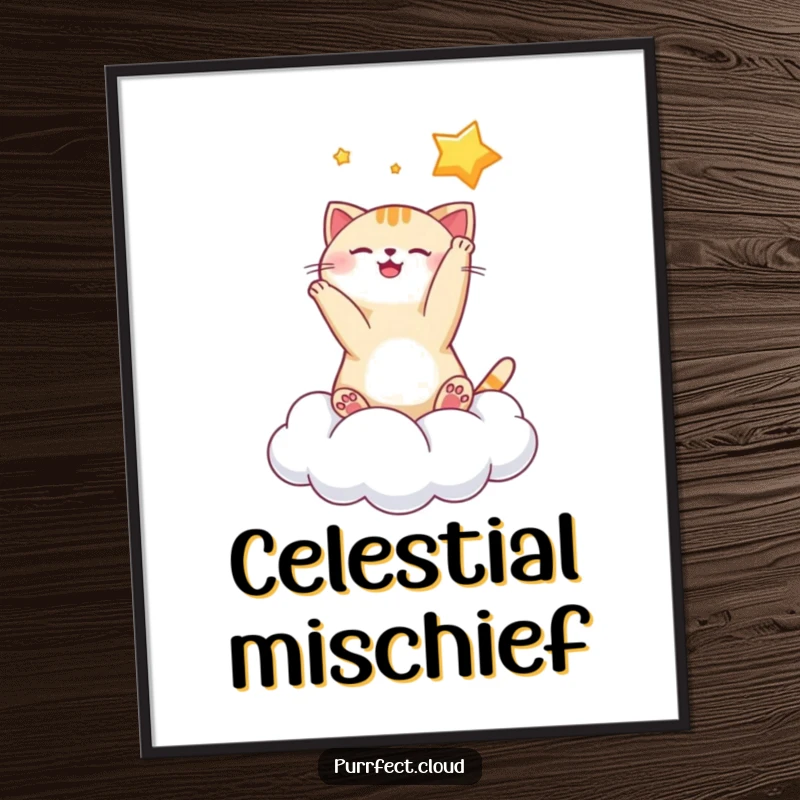 Funny playful cat star digital art print of a cat batting at a star on a cloud, offering instant whimsical celestial decor.