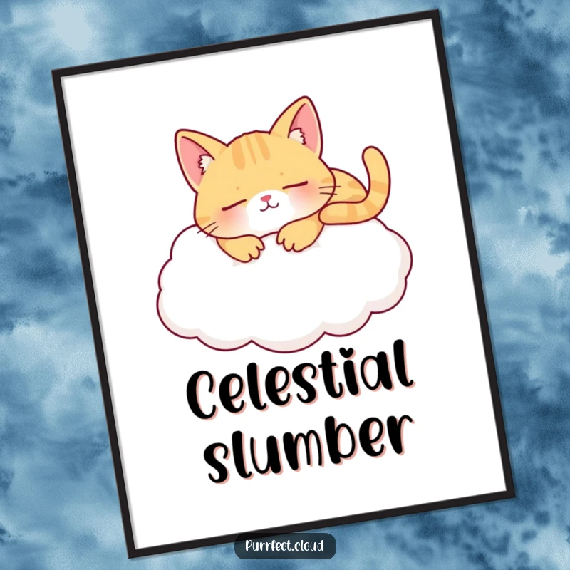 Funny napping cat cloud digital art print of a content cat sleeping on a fluffy cloud, offering instant serene feline decor.