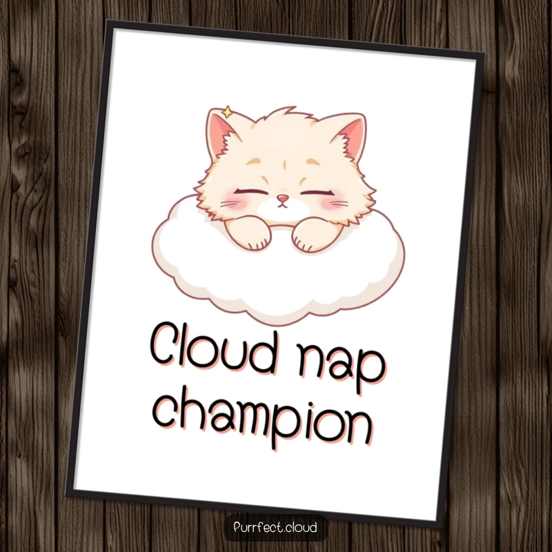 Funny fluffy cat sleeping soundly on a puffy white cloud, a high-resolution digital art print for peaceful decor.