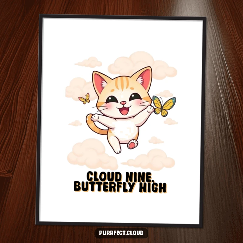 Funny happy cat chasing a butterfly through soft, billowy clouds, as a digital art print.
