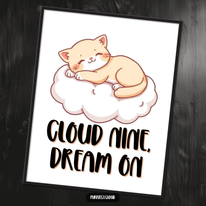 Funny cat stretching lazily on a soft cotton cloud, as a digital art print, ready to be framed.