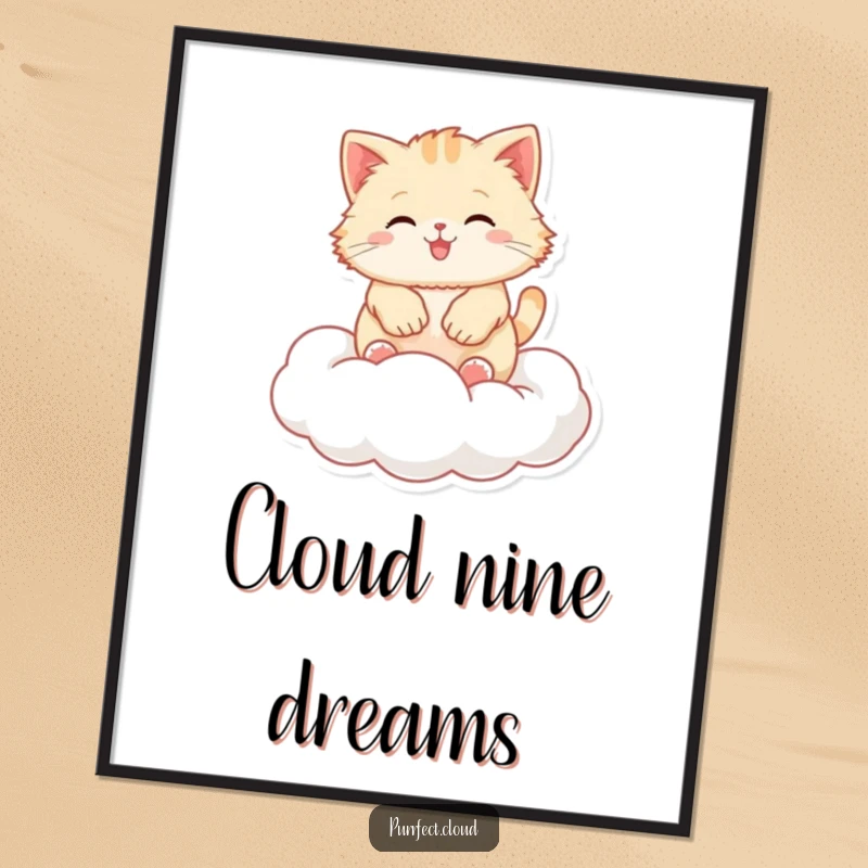 Funny fluffy cat digital art print, a vibrant depiction of a cat bouncing joyfully on a soft cloud.