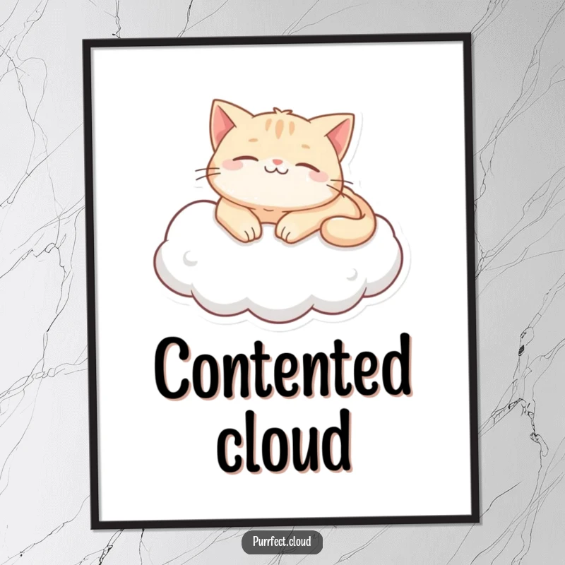 Funny purring cat cloud digital art print, depicting a content cat lounging and purring on a soft cloud, a tranquil and relaxing visual.