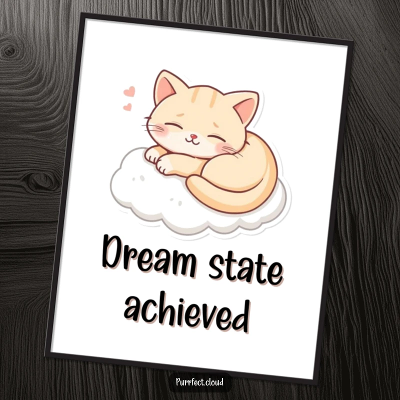 Funny digital art print of a cat smiling blissfully while dreaming on a cloud, ideal for whimsical home decor.