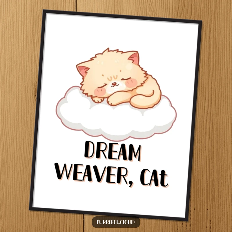 Funny cat digital art print of a cat sleeping on a cloud, dreamy and whimsical, downloadable art, a hilarious funny gift.