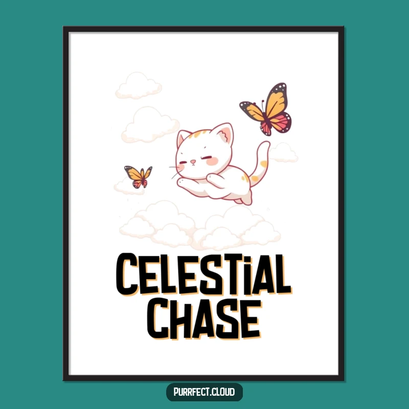 Funny Cat Butterfly Clouds Digital Print: Instant Whimsy for Your Space