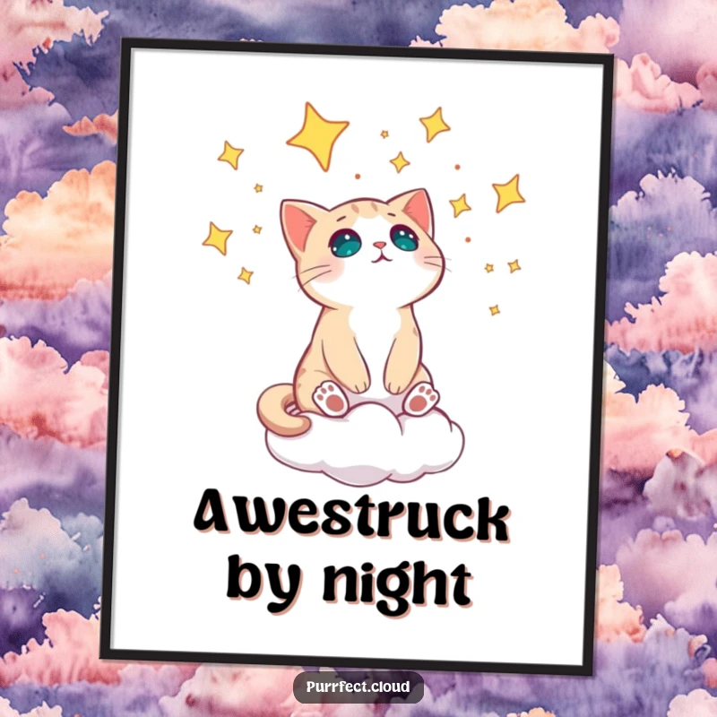 Funny cat on a cloud looking amazed at stars in a downloadable digital art print.