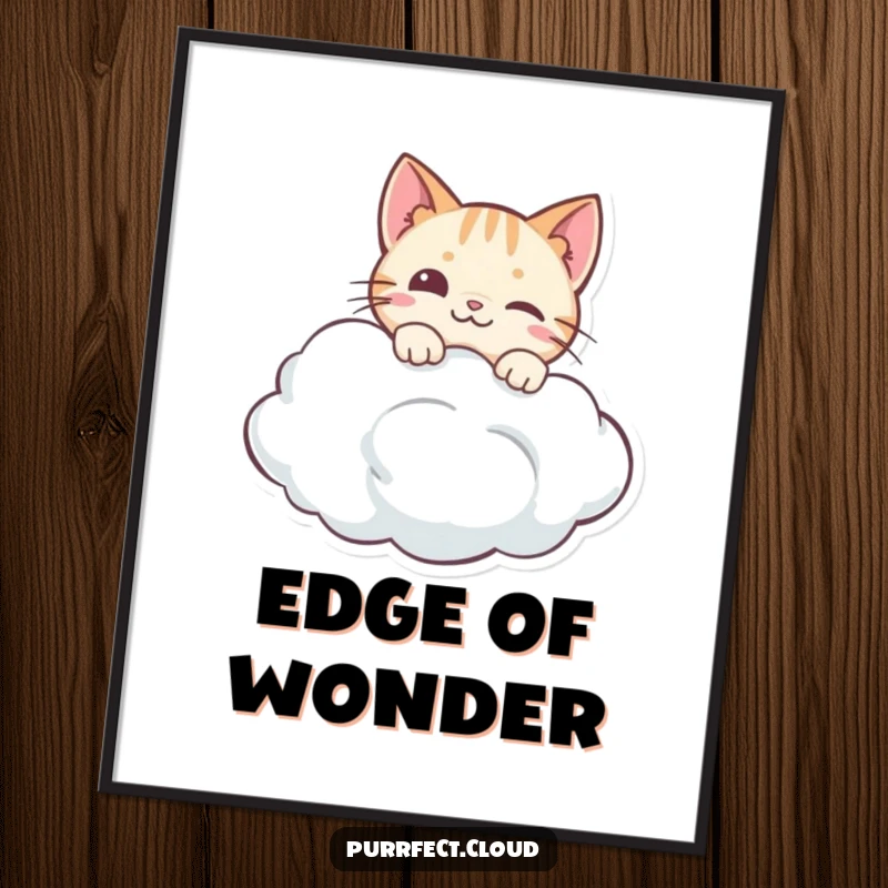 Funny digital art print of a curious cat peeking over a cloud, bringing whimsical charm and playful humor to any setting.