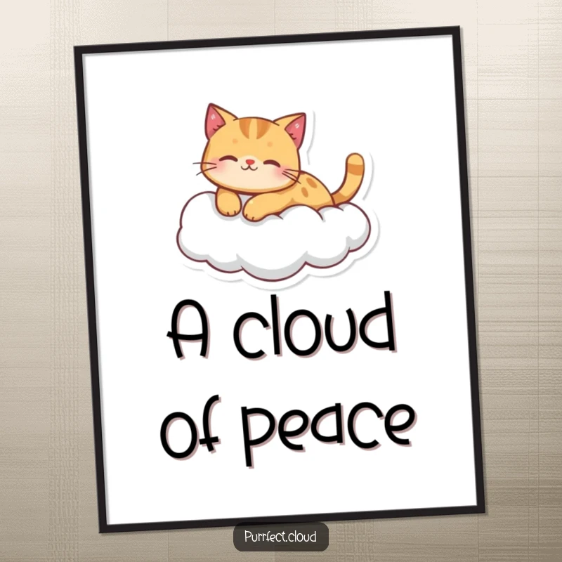 Funny ginger cat character peacefully floating on a fluffy cloud, offered as a high-resolution digital art print.