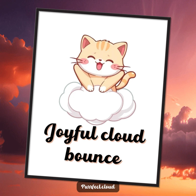 Funny kawaii cat digital art print of a cute cat bouncing on a cloud, perfect for instant download and adorable decor.