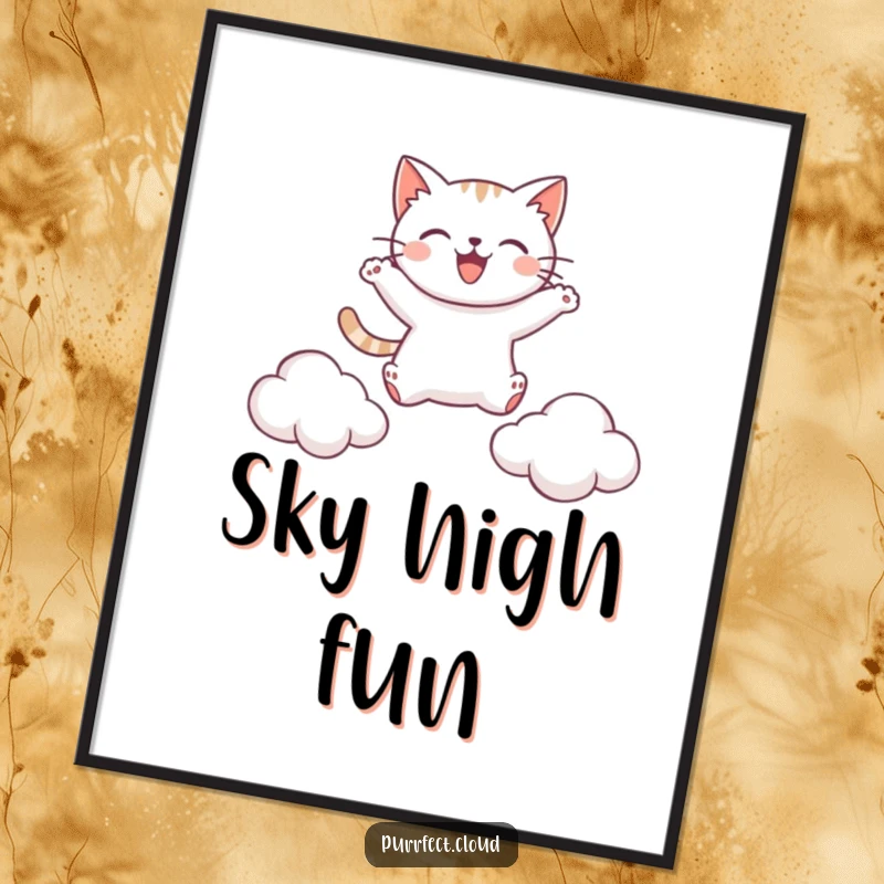 Funny digital art print of a cat joyfully leaping between fluffy clouds, conveying exhilarating freedom and playful humor.