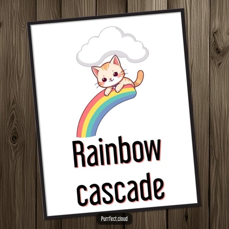 Funny digital art print of a cat gleefully sliding down a vibrant rainbow from a cloud, ready to print.