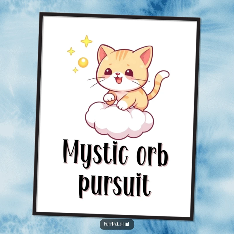 Funny cat digital art print of a playful cat chasing a glowing orb on a cloud, perfect for instant download and mystical decor.