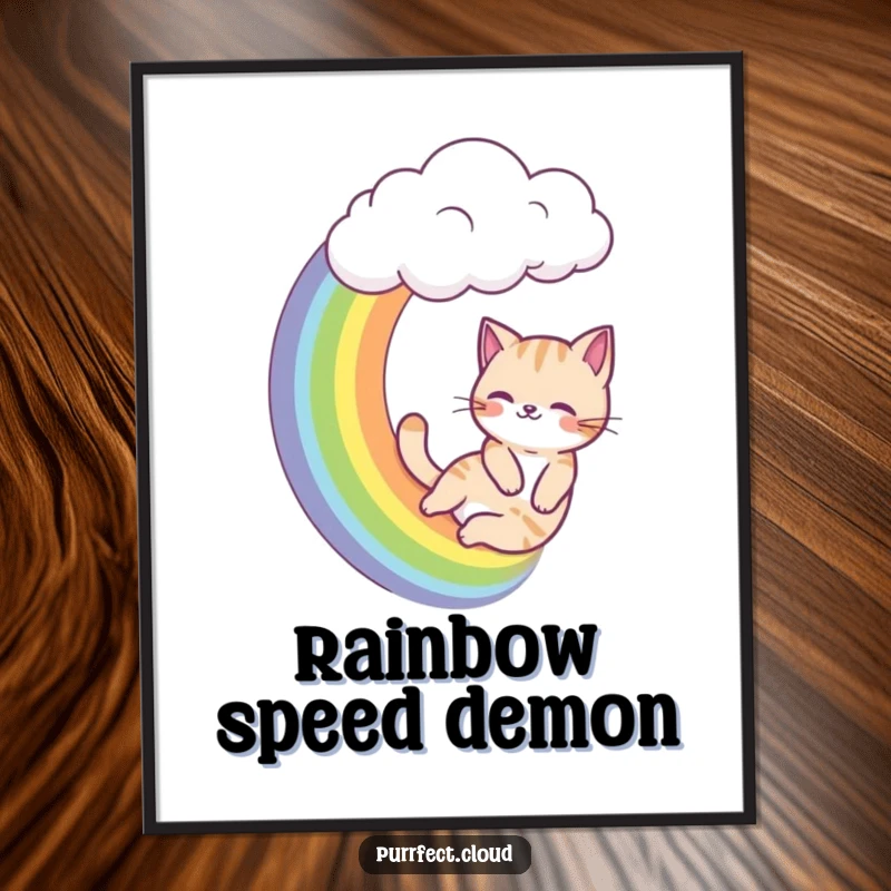 Funny cat digital art, cat slides down a rainbow from a cloud, vibrant and instant download art.