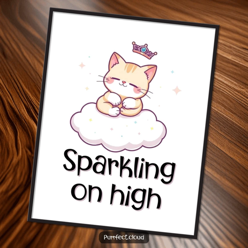 Funny regal cat digital art print of a cat lounging regally on a cloud decorated with sparkles, perfect for luxurious and charming wall decor.