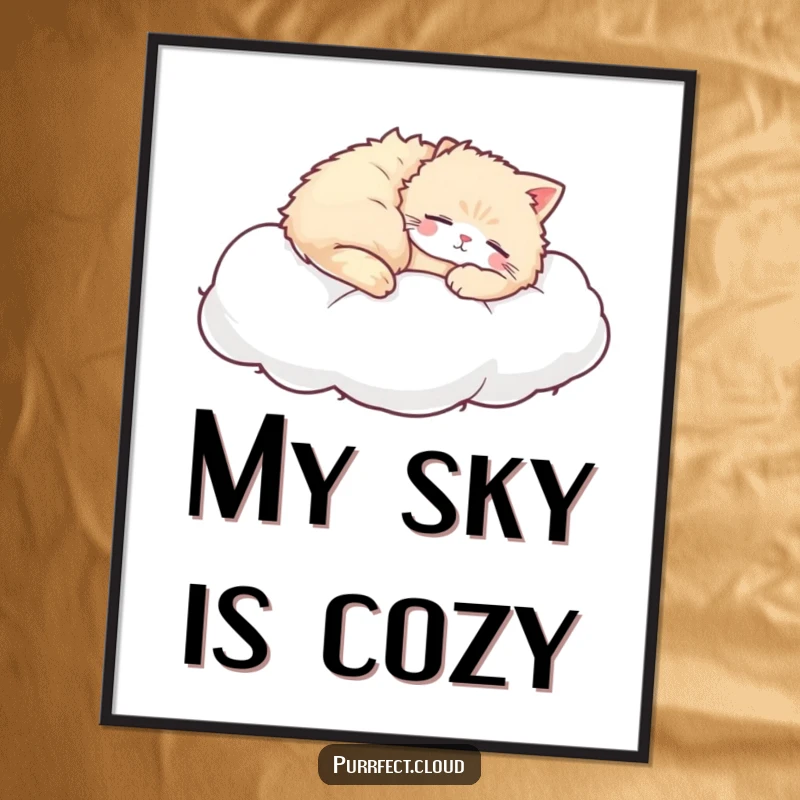 Funny Cat Cloud Digital Art, a cat naps on a cloud, printable wall decor, serene and cute design.
