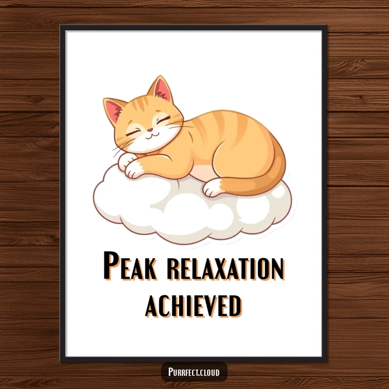 Funny digital art print of a serene cat stretching gracefully on a soft cloud, offering instant humor and tranquil vibes.