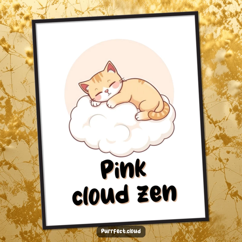 Funny Cat Cloud Digital Art, a cat stretches on a pink cloud, content and relaxed, printable wall decor.