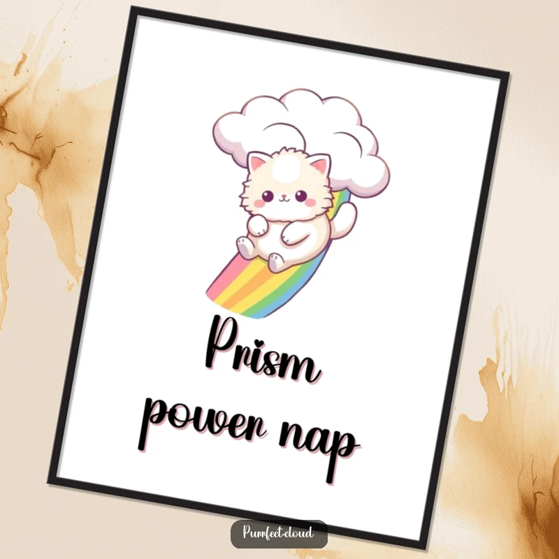 Funny fluffy cat joyfully sliding down a vivid rainbow from a cloud, a high-resolution digital art print.