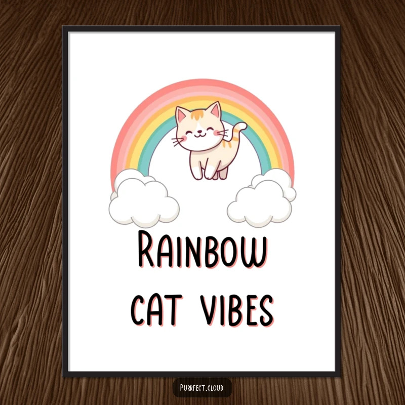 Funny rainbow sliding cat digital art print, depicting a happy cat gleefully sliding down a vibrant rainbow over fluffy clouds, a whimsical visual.