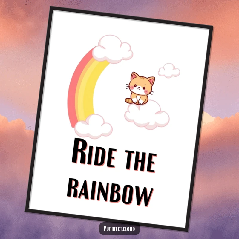 Funny cat digital art, a high-resolution image of a cat sliding down a rainbow, perfect for instant whimsical decor.