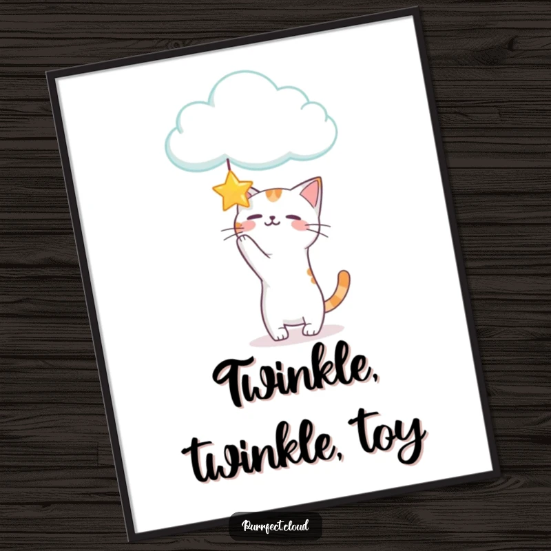 Funny Playful Cat Digital Art Print showcasing a cat batting at a star from a cloud, perfect for a humorous and energetic ambiance.