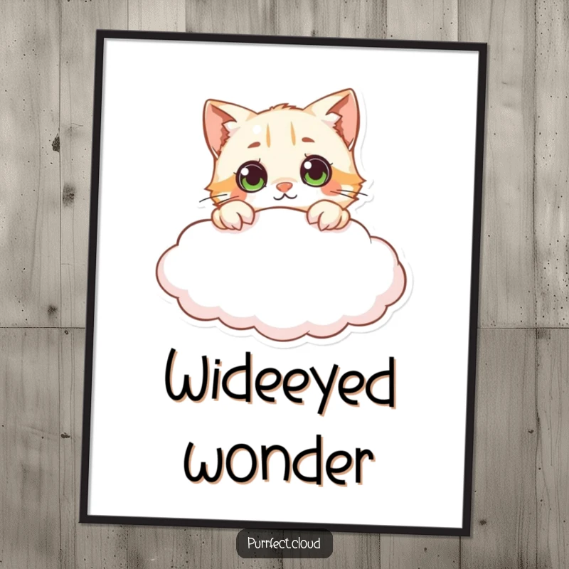 Funny curious cat cloud digital art print, depicting a cat peeking over a cloud with wide, wondering eyes, an intriguing and playful visual.