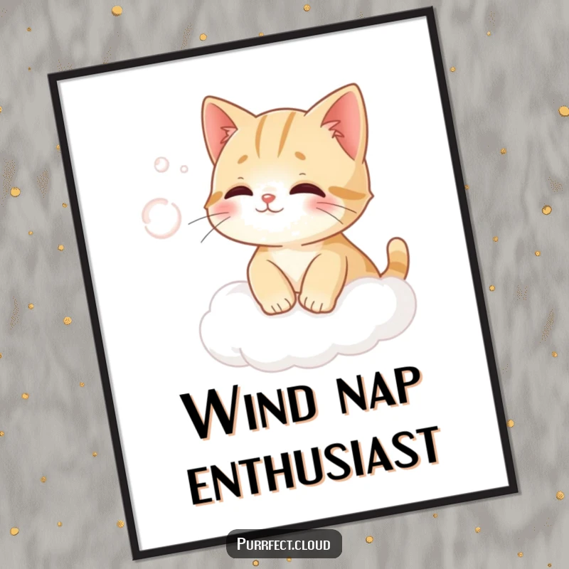 Funny cat on a cloud humorously trying to catch wind in a whimsical downloadable digital art print.