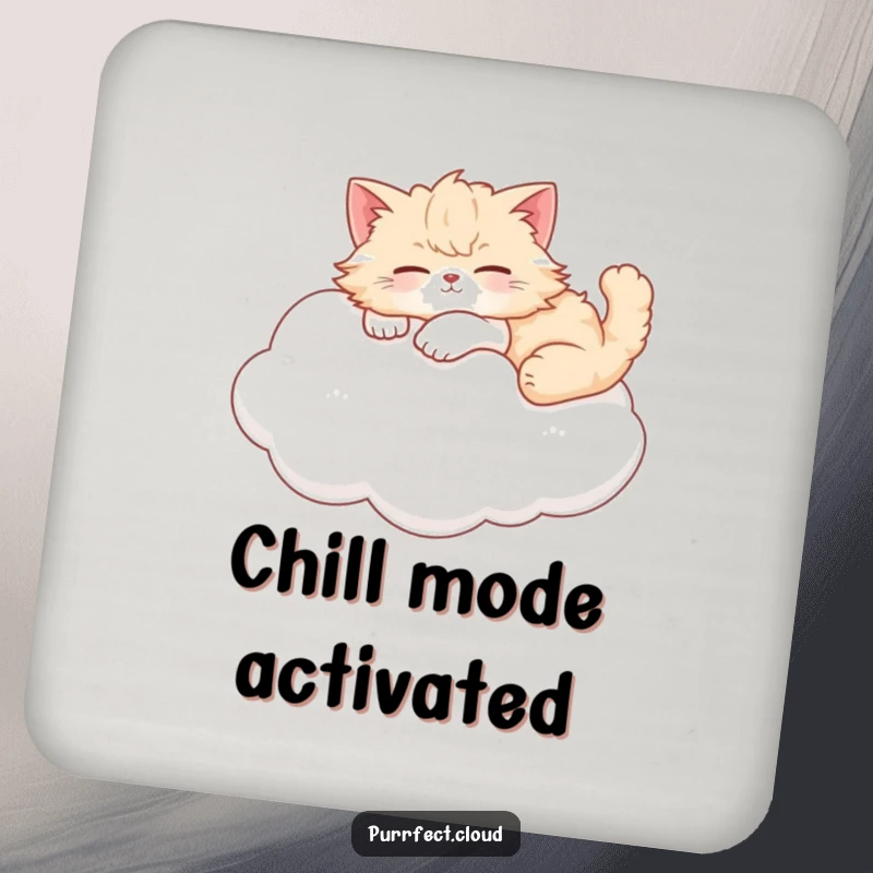 Funny cat coaster depicting a fluffy cat in a state of peaceful repose, lounging on a soft cloud.