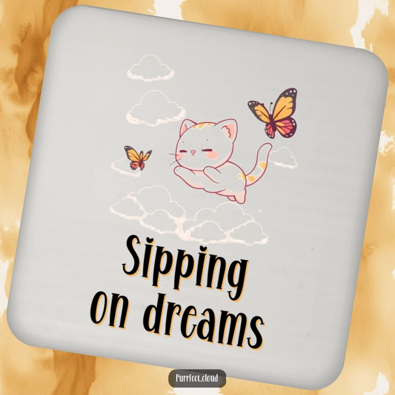 Funny Coaster: A set of coasters featuring a cat chasing a butterfly through clouds, adding a whimsical touch.